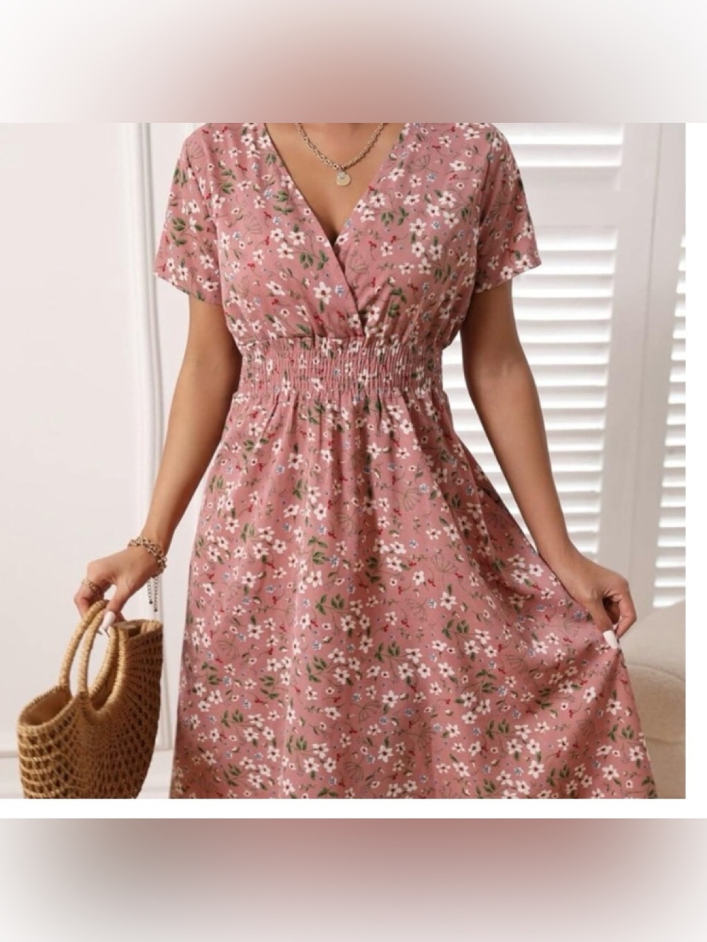 Dusty Rose BoHo Floral Coquette summer spring V‑Neck Smocked Midi Dress so 12